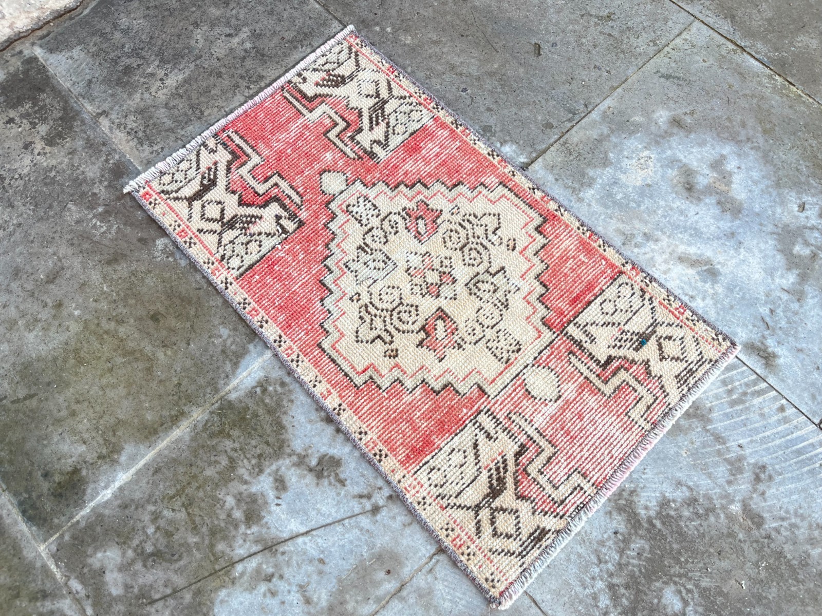 Vintage Turkish Rug 1.4×2.5 ft Hand-Knotted Wool Door Mat Boho Tribal Accent Rug