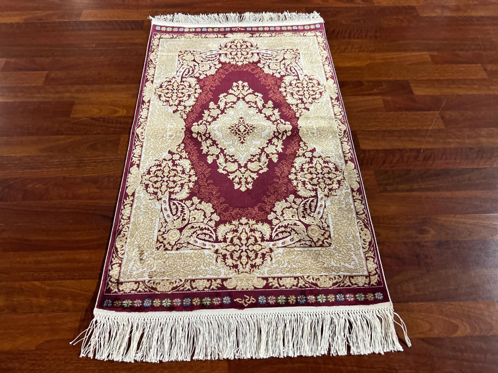 2×3 ft Red Small Silk Rug, Gold Medallion Design Tapestry, Wall Decor Silk Mat