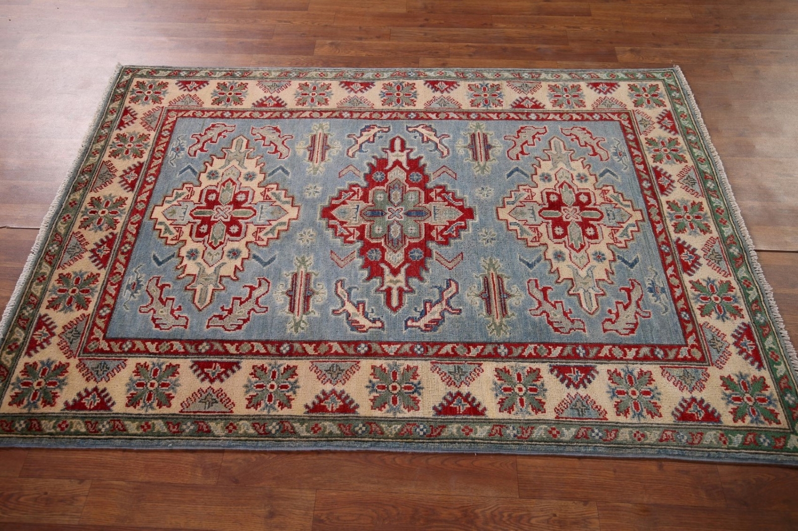 Vibrant Color Geometric Kazak Pakistani Traditional Rug Blue/ Ivory 4×6 ft