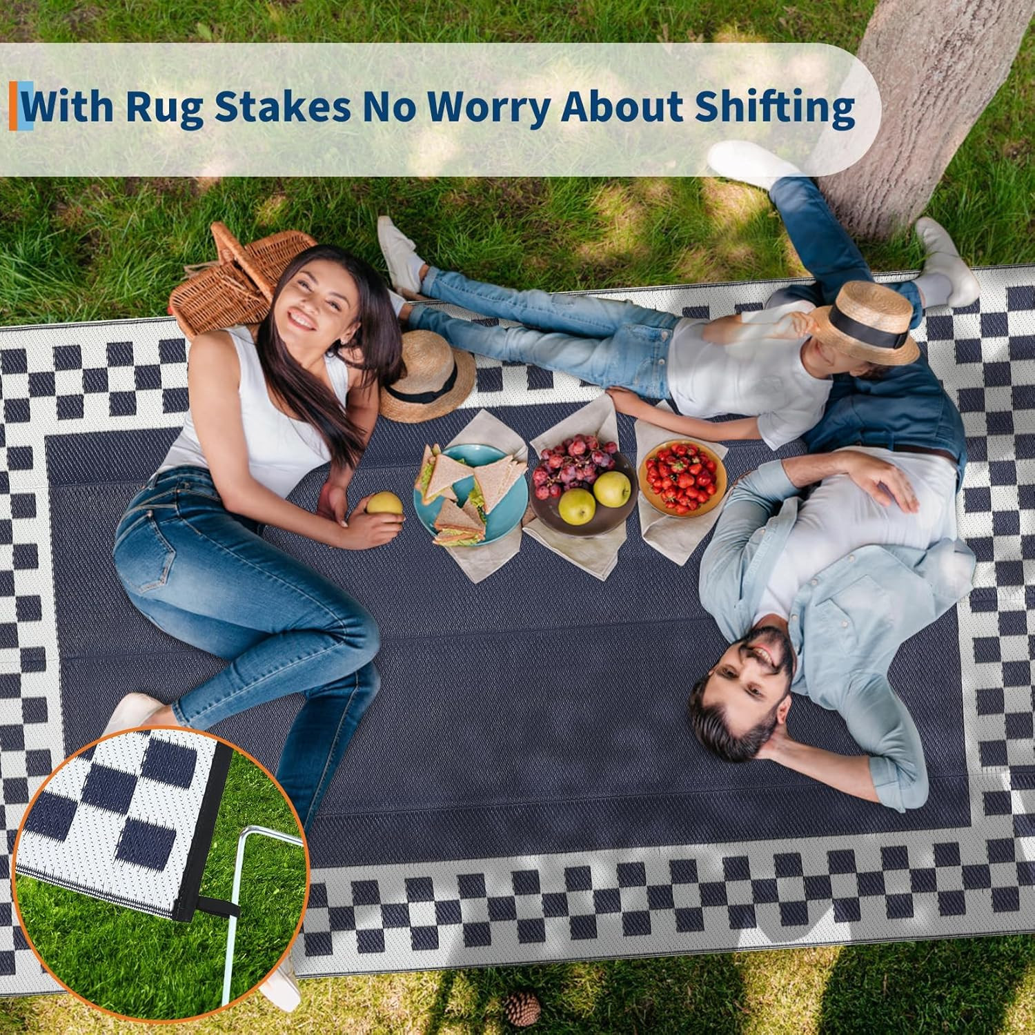 10X14 Large Outdoor Rug Waterproof Weather Resistant Patio Rug with Stakes & Car