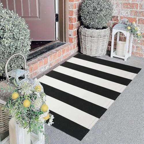 Striped Rug Outdoor Porch Rug Black and White 27.5×43 inches Washable Layered…