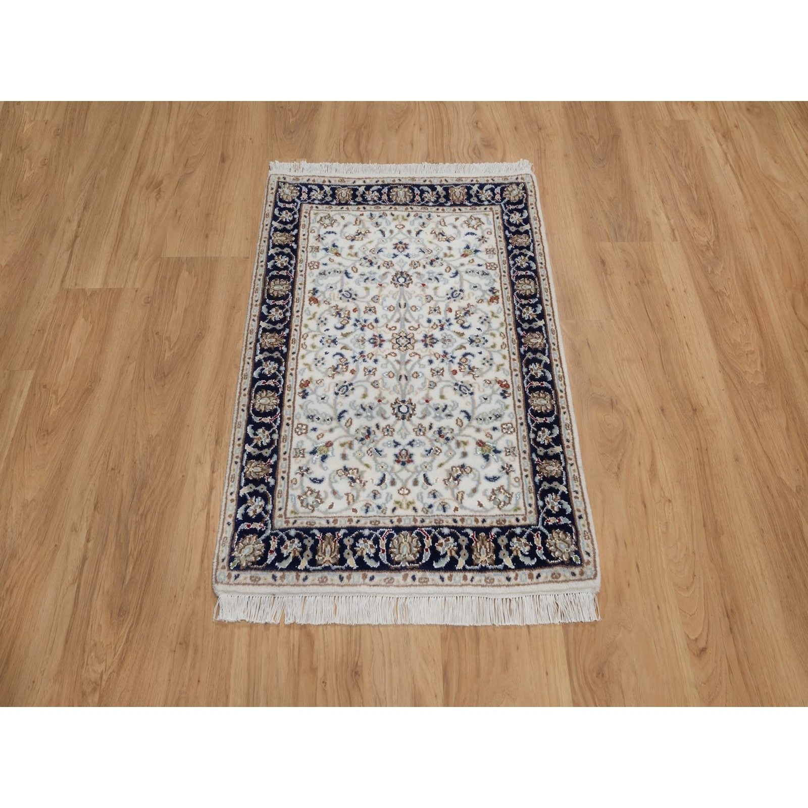 2’2″x3’2″ Ivory Nain with Flower Design Hand Knotted Wool & Silk Mat Rug 92532