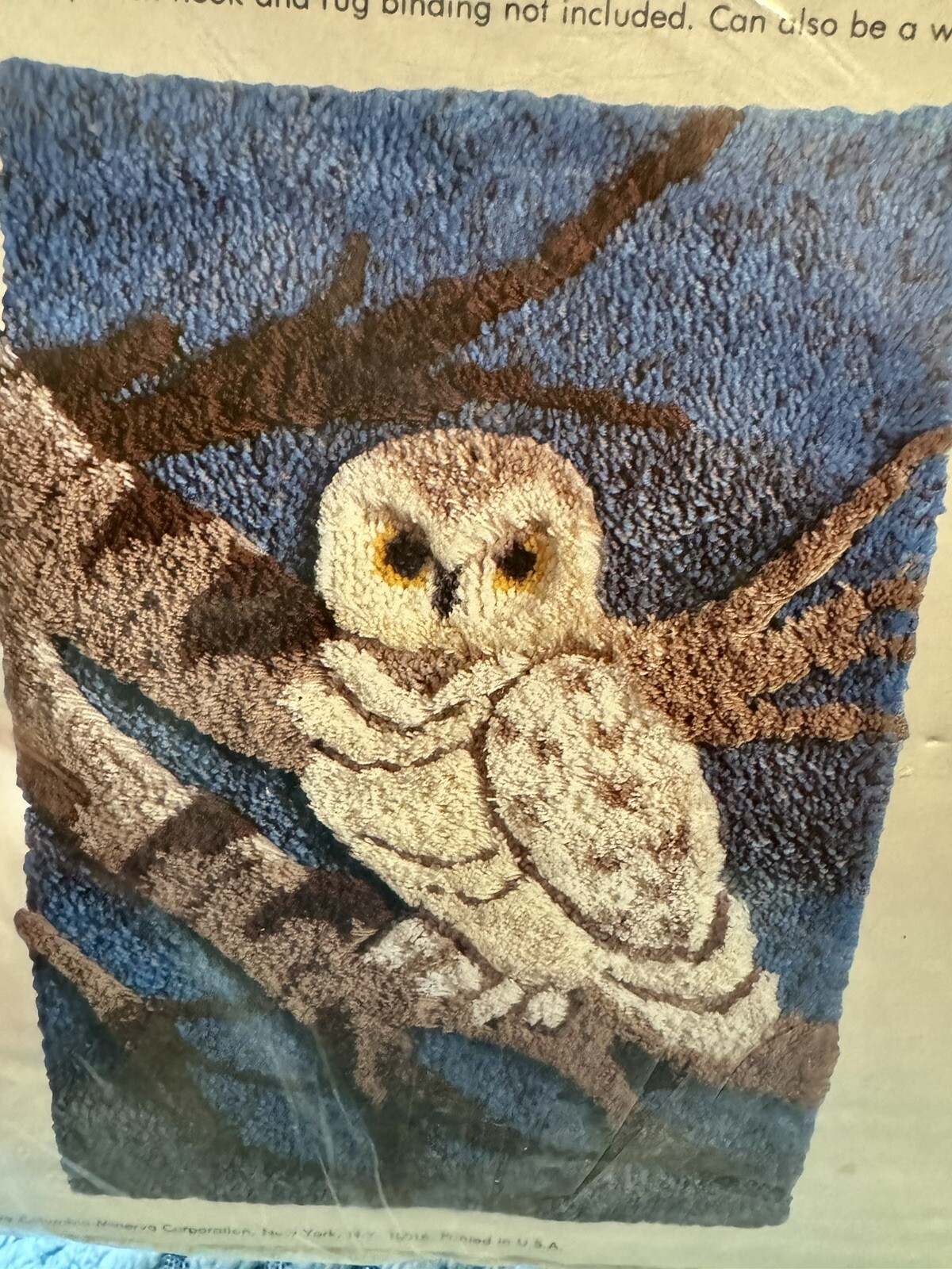 Vintage 1979 Sealed Boho Owl On A Branch Cotton Rug Canvas Only 24” X 34”