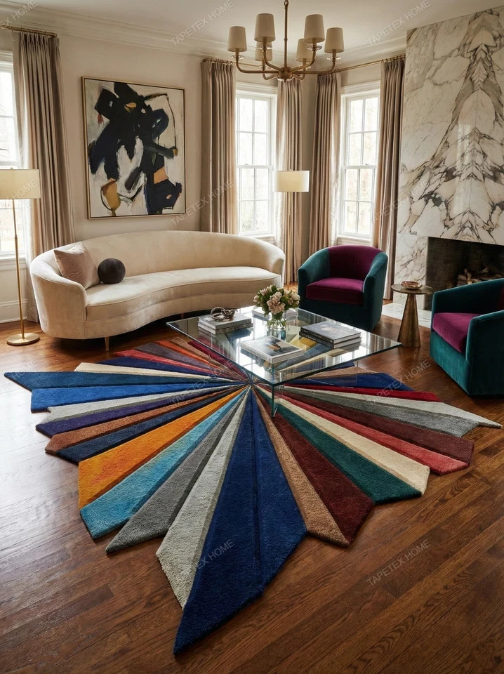 Irregular Shape Rug Hand-Tufted Wool Area Rug – Colorful Modern Bedroom Carpet
