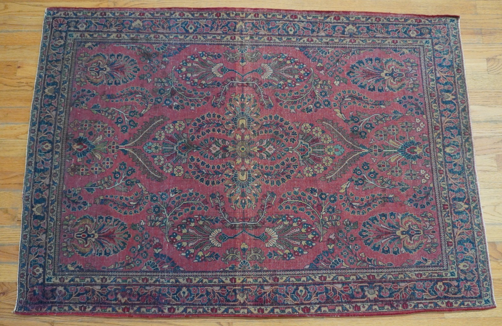 Antique 1900s Saroukk Hand Knotted Wool Red Oriental Rug 3’5″ x 5′
