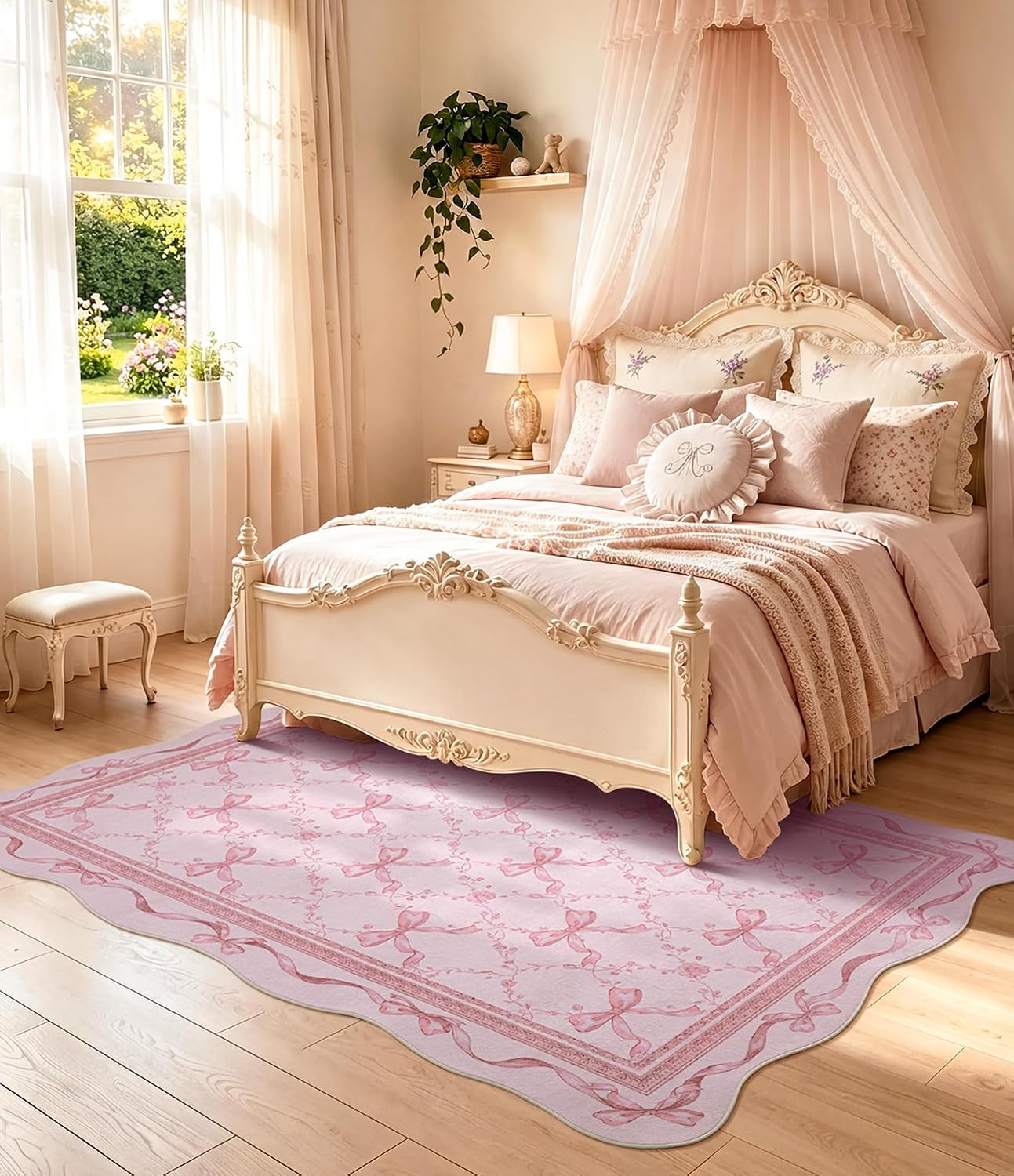 Pink Bow Entryway Rug for Girls: 3X5 Washable Floral Scalloped Rugs | Non-Slip L
