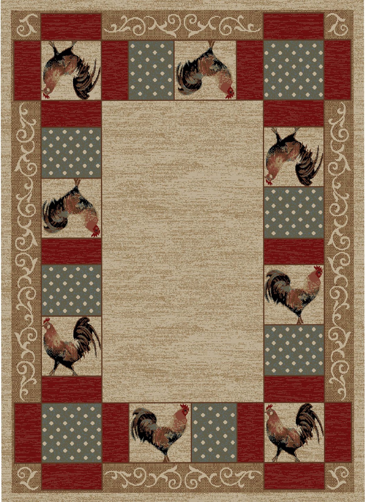 Farm Rug Collection Featuring Roosters & Scrollwork | Red, Blue, Tan 3’11″x5’3″