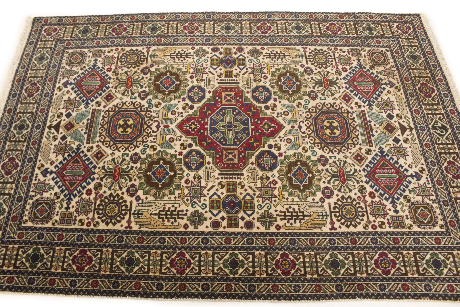 4’4X6’4 Antique Hand-Knotted Oriental Rug Cream Tribal Design Home Carpet