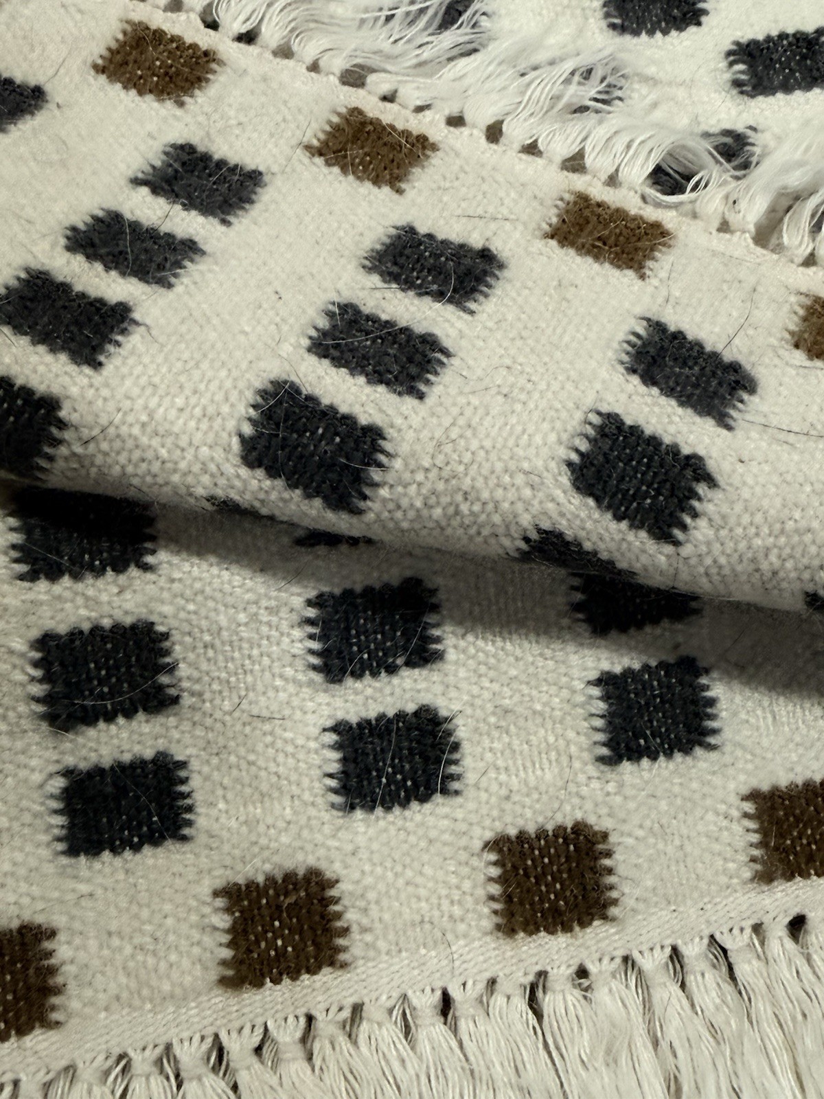 Wool Geometric Abstract Runner Rug Carpet 32”x83” Grey Crème Gold Brown Fringe D