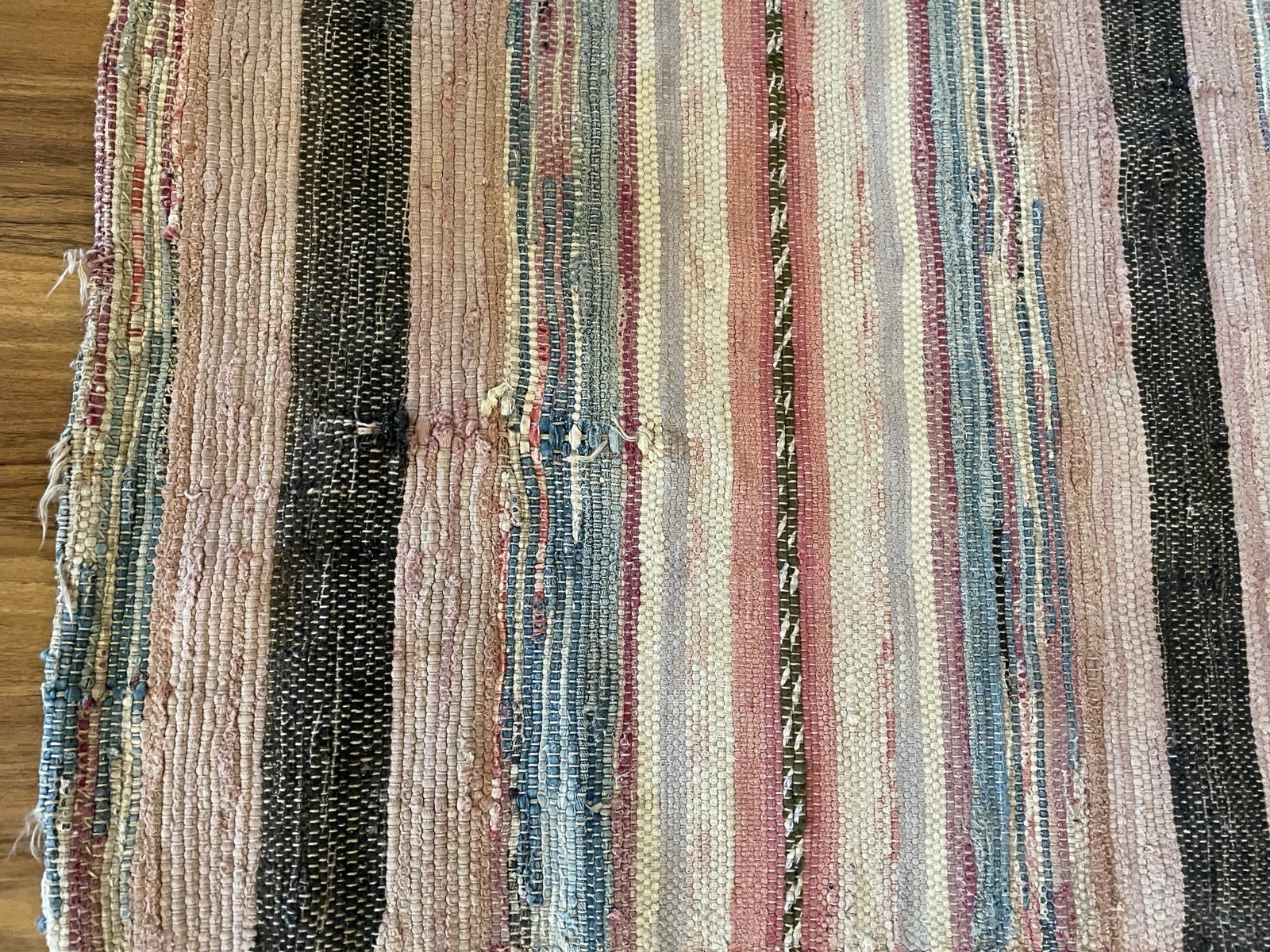 VTG Handmade Woven MCM Rag Rug 80×34 Farmhouse Country Blue Red Black Brown