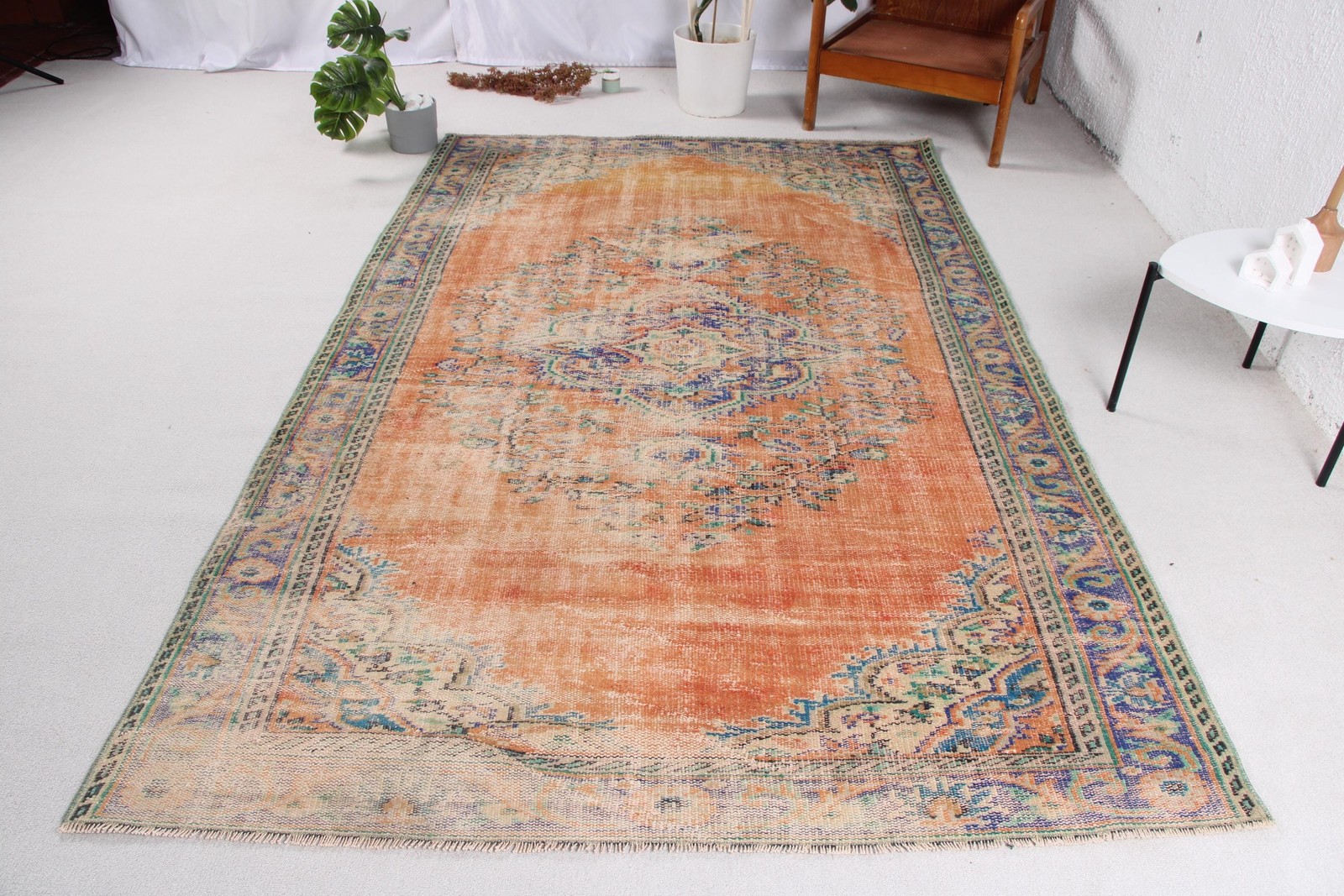 Turkish Rug, Large 5,6×8,6 ft Vintage Rug, Orange Blue Abstract Wool Rug