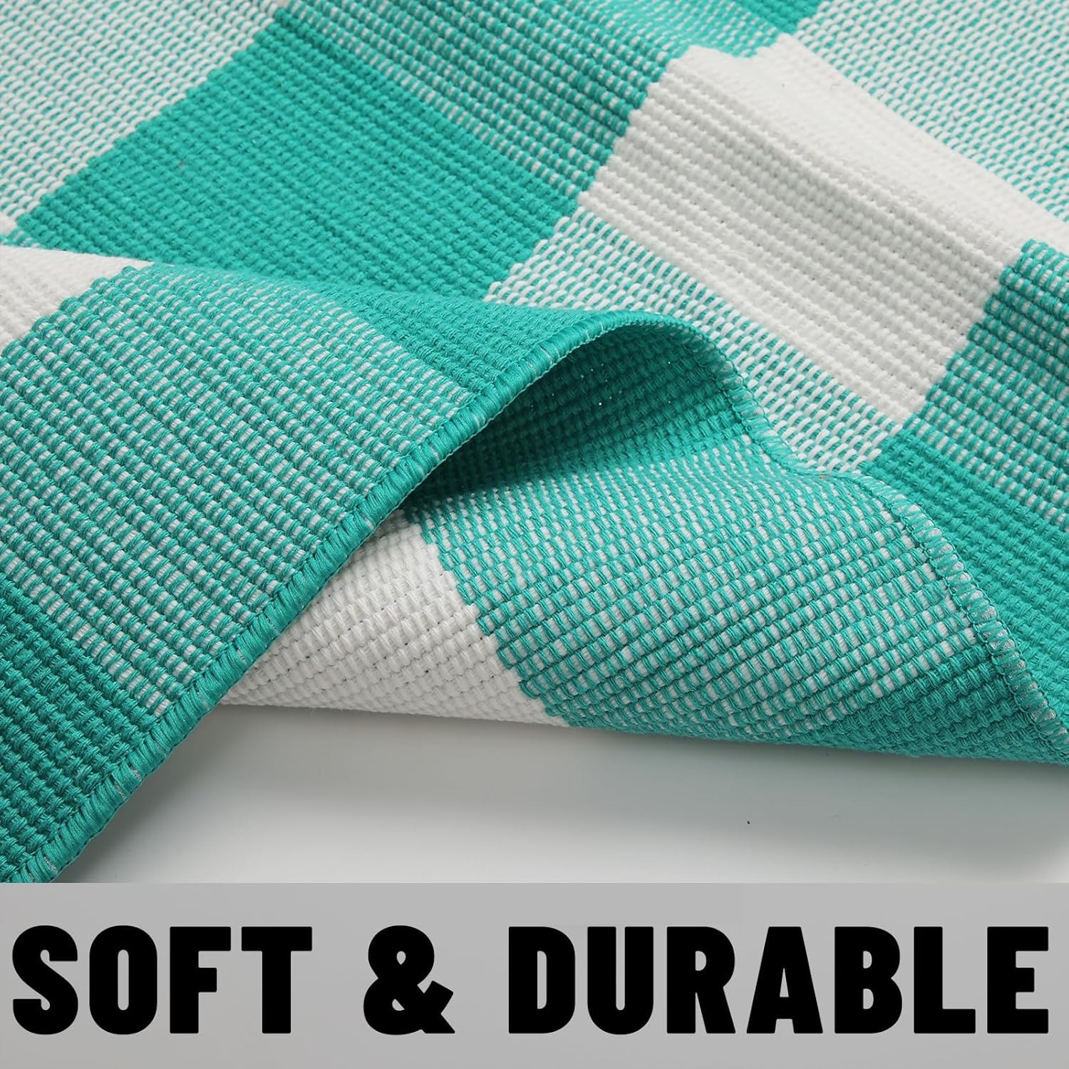 Buffalo Plaid Outdoor Rug 27.5″ x 43″ Teal Green and White Checkered Area Rug