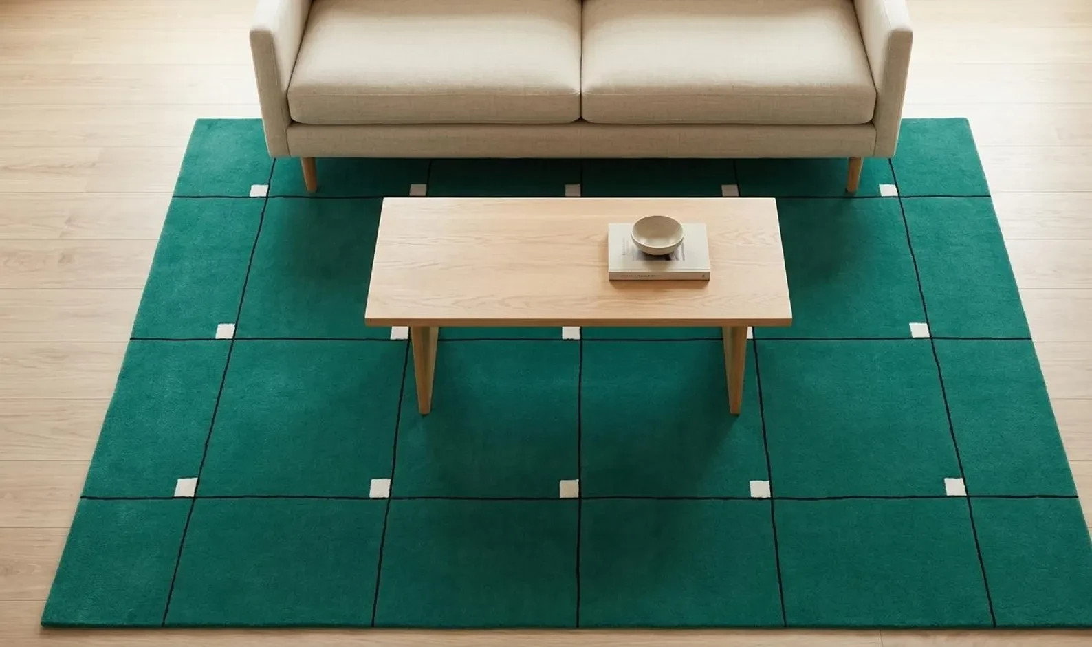 Modern Teal Green Geometric Wool Rug Hand Tufted Grid Pattern Area Rug Carpet