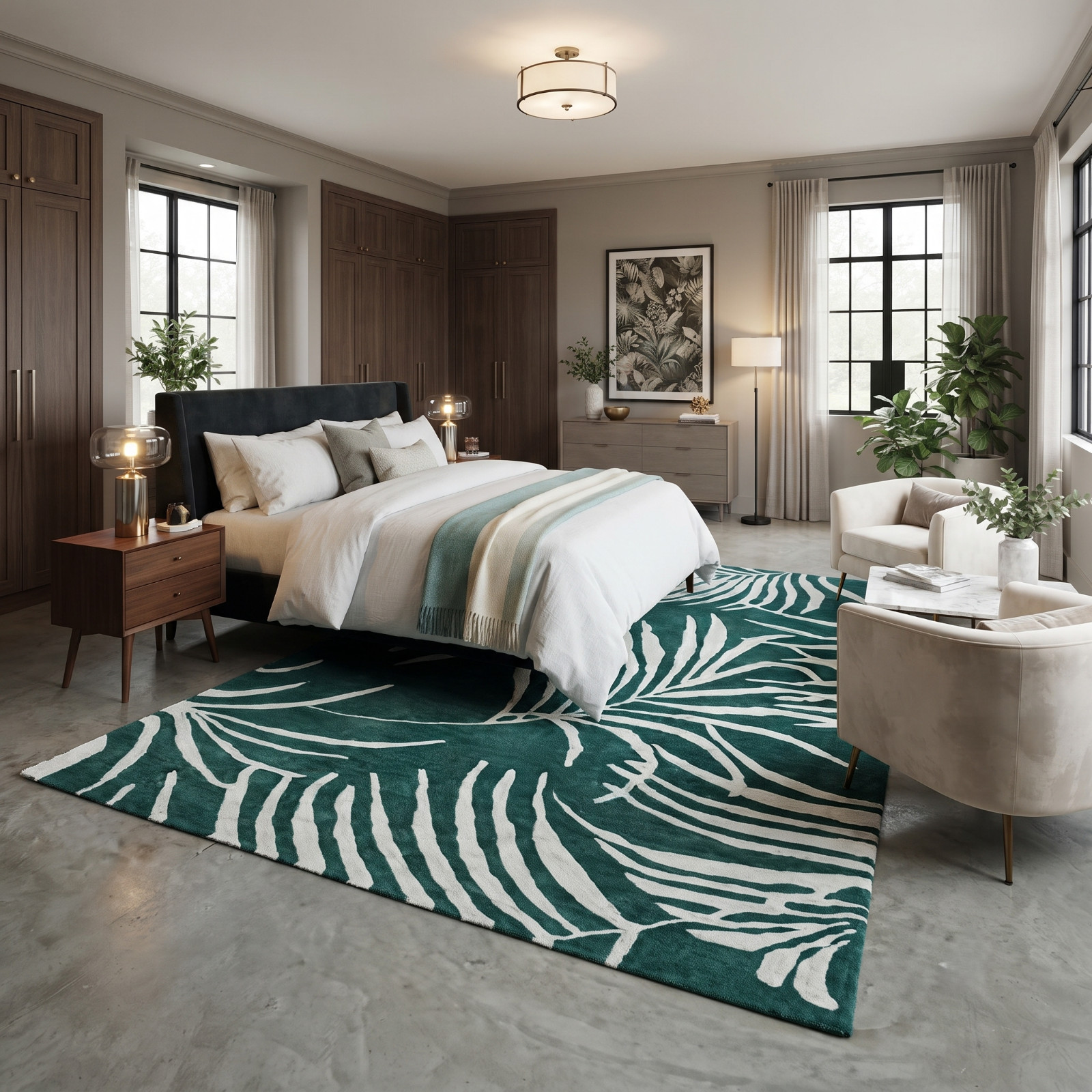 5×8 Teal Green Hand Tufted Wool Rug Modern Tropical Leaf Area Carpet