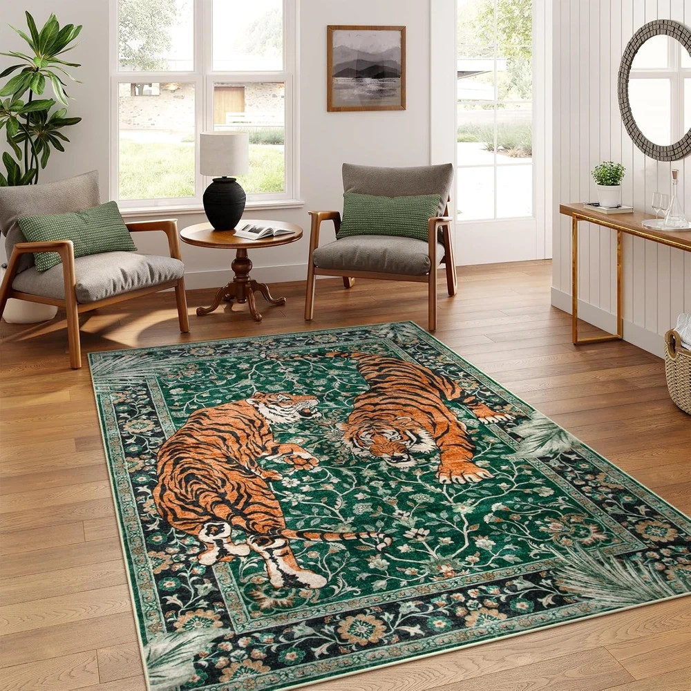 Tiger 5X7 Area Rug, Boho Washable Living Room Rug, Non Slip Green Rugs for Bedro