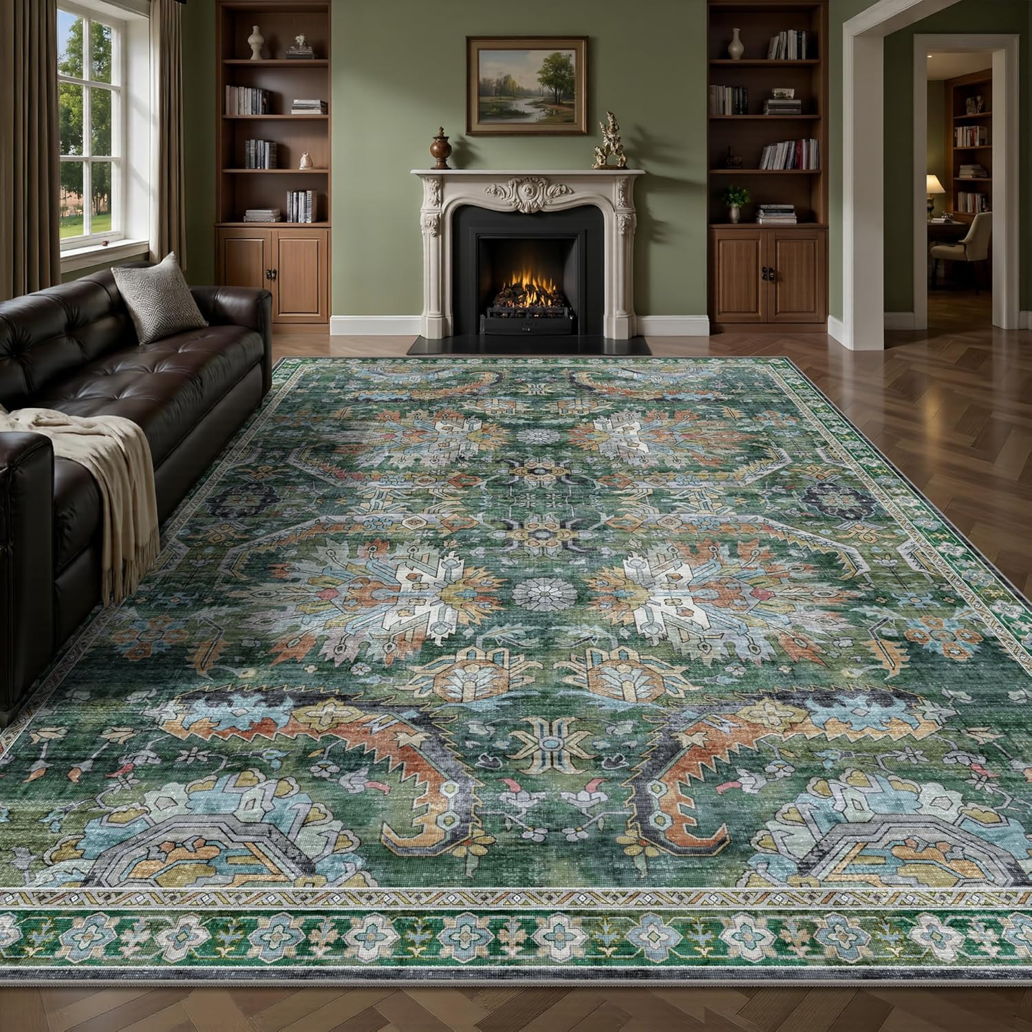 Vintage Green 9×12 Soft Washable Area Rug, Non-Slip for Living Room & Bedroom