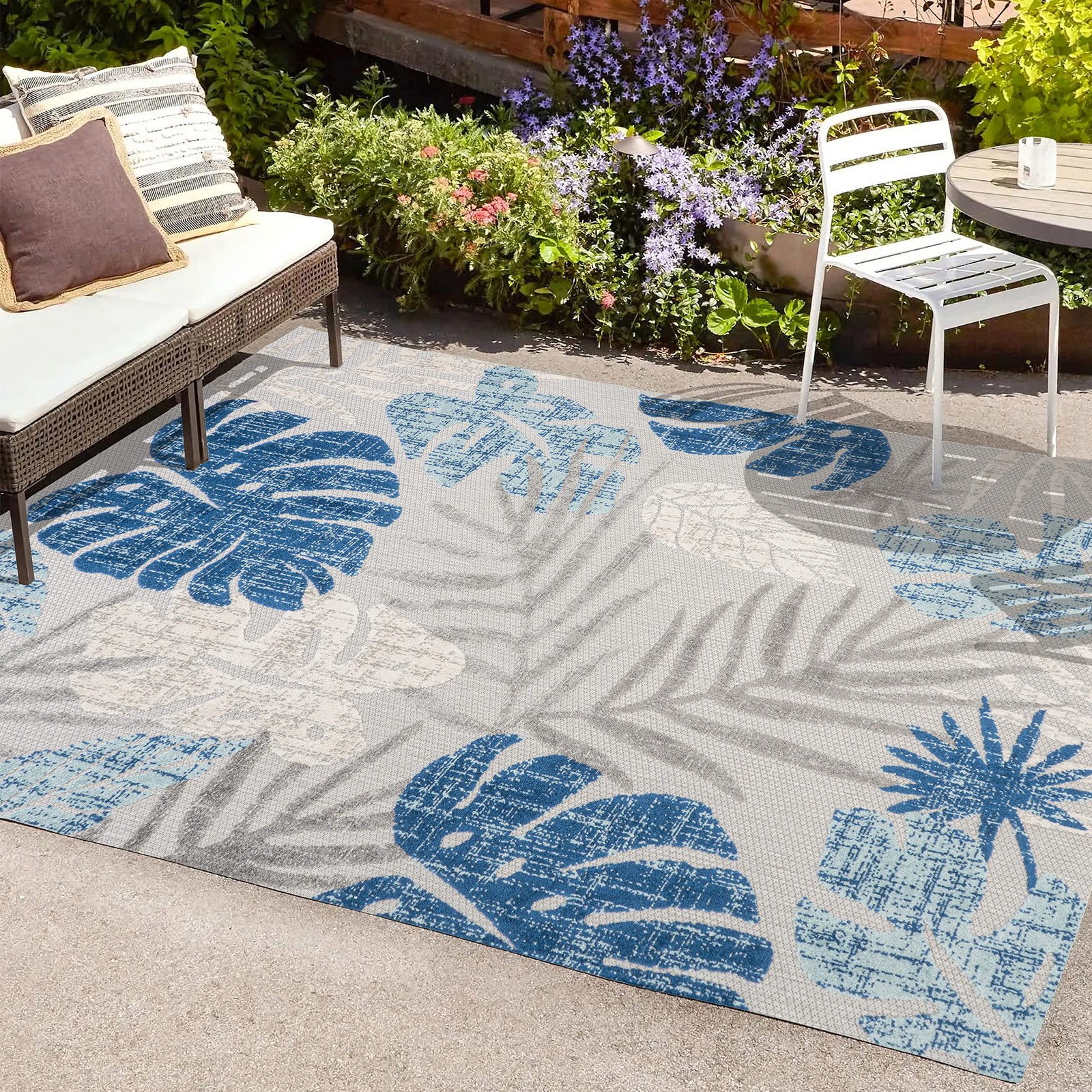 Tropical Leaf Indoor Outdoor Area Rug 3X5 Light Gray/Navy, Monstera High-Low …