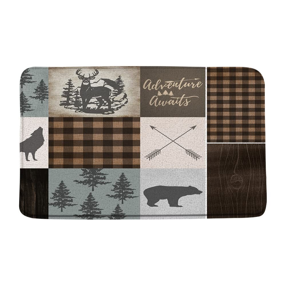 Cabin Bathroom Mat Retro Rustic Lodge Bear Moose Deer Elk Wolf Forest Adventu…