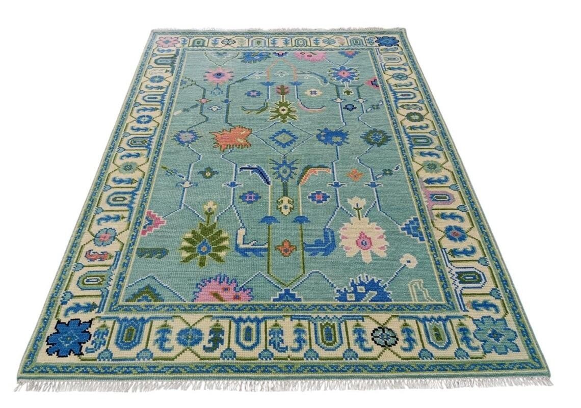 Teal Blue Hand Knotted Oushak Wool Area Rug, Floral Medallion Allover Design