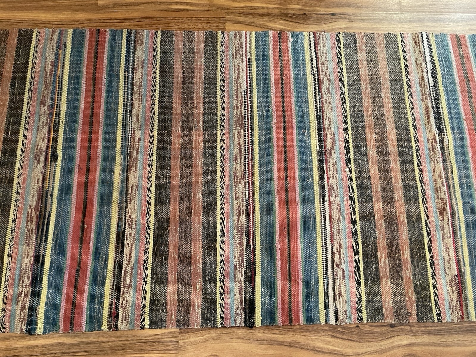 VTG Handmade Woven MCM Rag Rug 89×31 Farmhouse Country Blue Red Black Brown