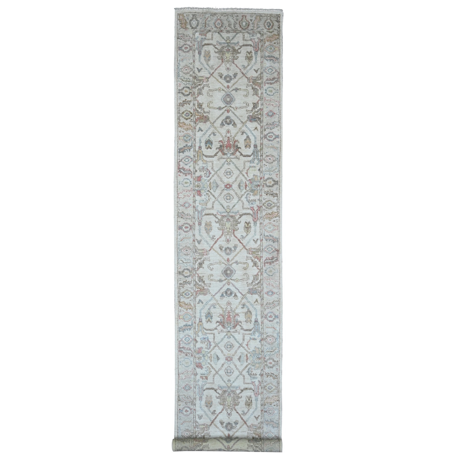 3’x15’9″ White Afghan Angora Oushak Pure Wool Hand Knotted Runner Rug R20027