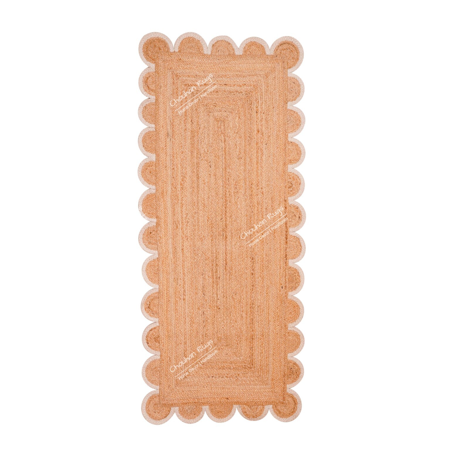 Beige Scalloped Jute Rug With Scallop White Border, Hand Braided Runner Jute Rug