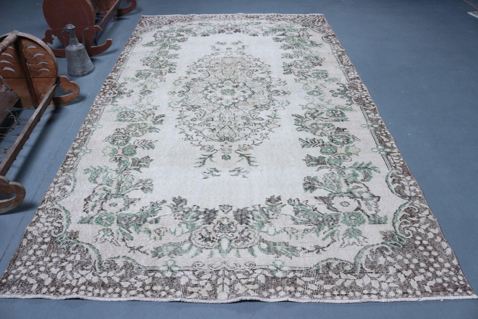 Turkish Large Rug 6,1×10,1 ft (185×307 cm), Green Southwestern Vintage Rug
