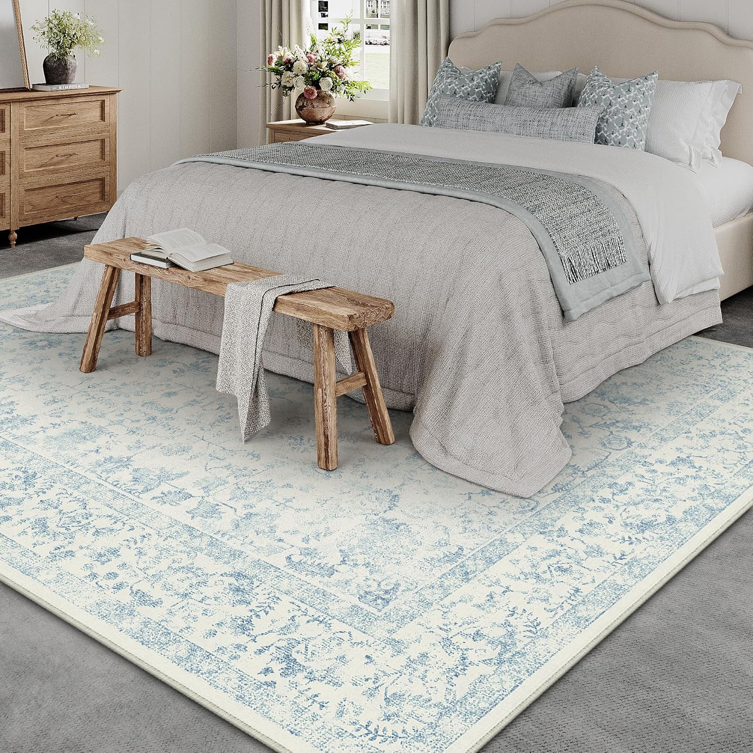 Vintage Blue Area Rug 8×10 Non-Slip Machine Washable for Living Room & Bedroom