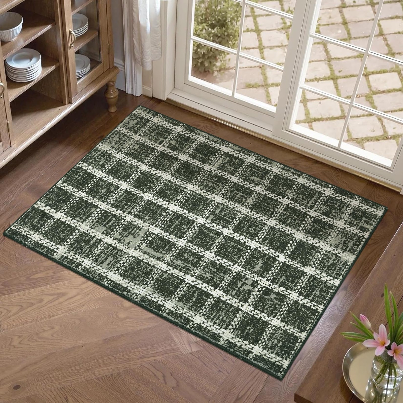 2×3 Foot Indoor Door Mat Washable Non Slip Checkered Entryway Throw Rug Green