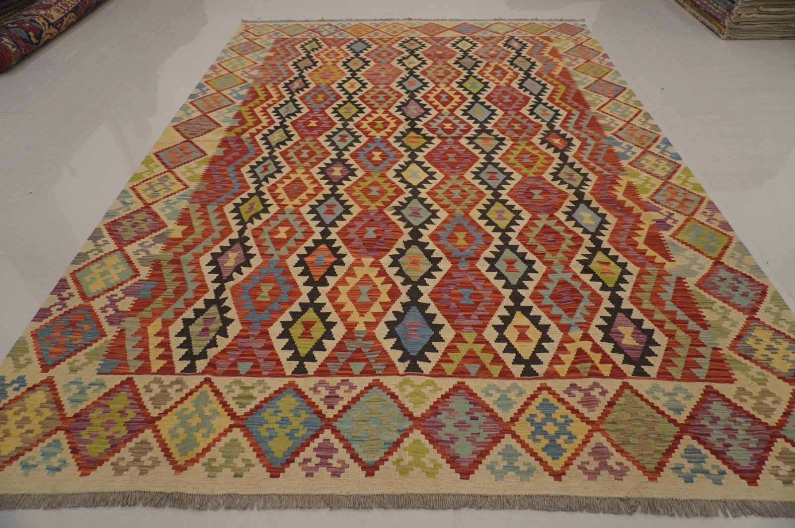 9×12 ft Red Afghan Handmade Geometric Wool Kilim Area Rug (8’6″x11’7″)