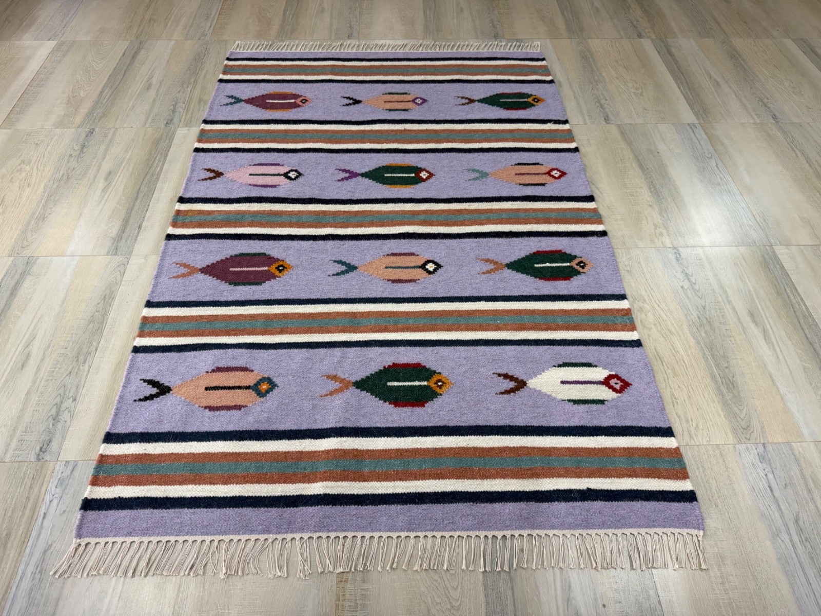 Hand Woven Wool Rug 4×6 Lavender Flatweave Scandinavian Folk Art Kilim for Kids