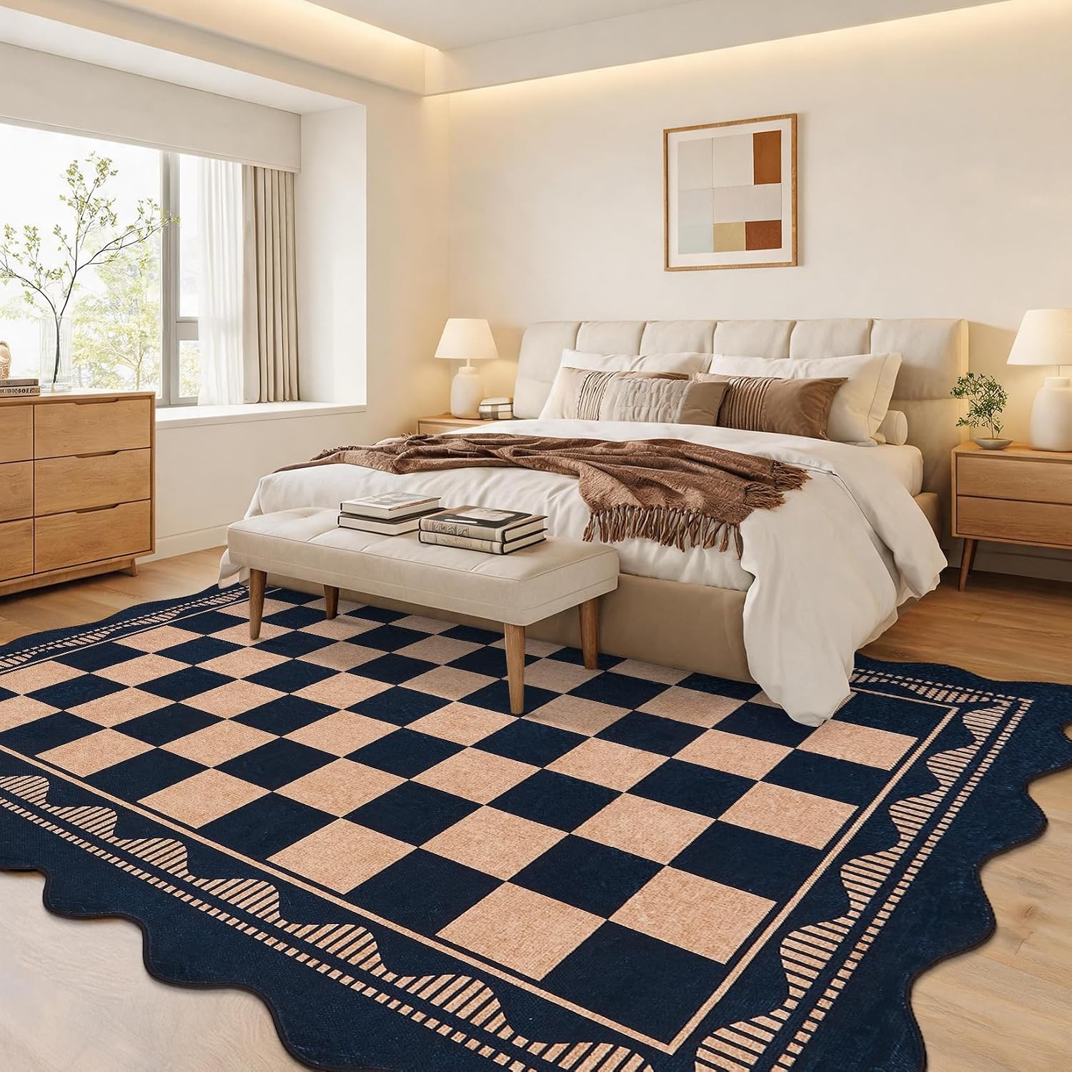Scalloped Checkered Black Coffee Washable Area Rug Living Dining Bedroom Nursery