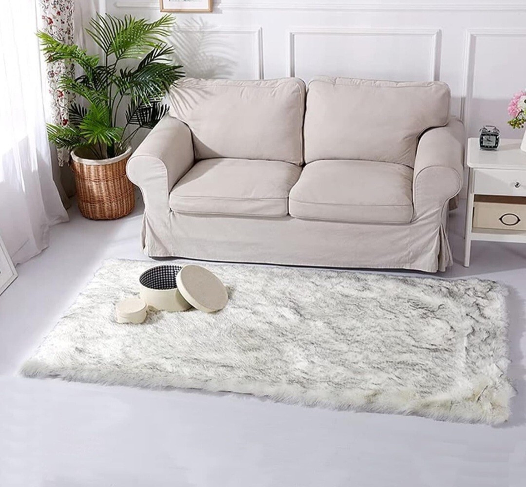 Faux Fur Rug White with Grey Tips 2×8 Runner Rug for Hallway Fluffy Rugs Furry..