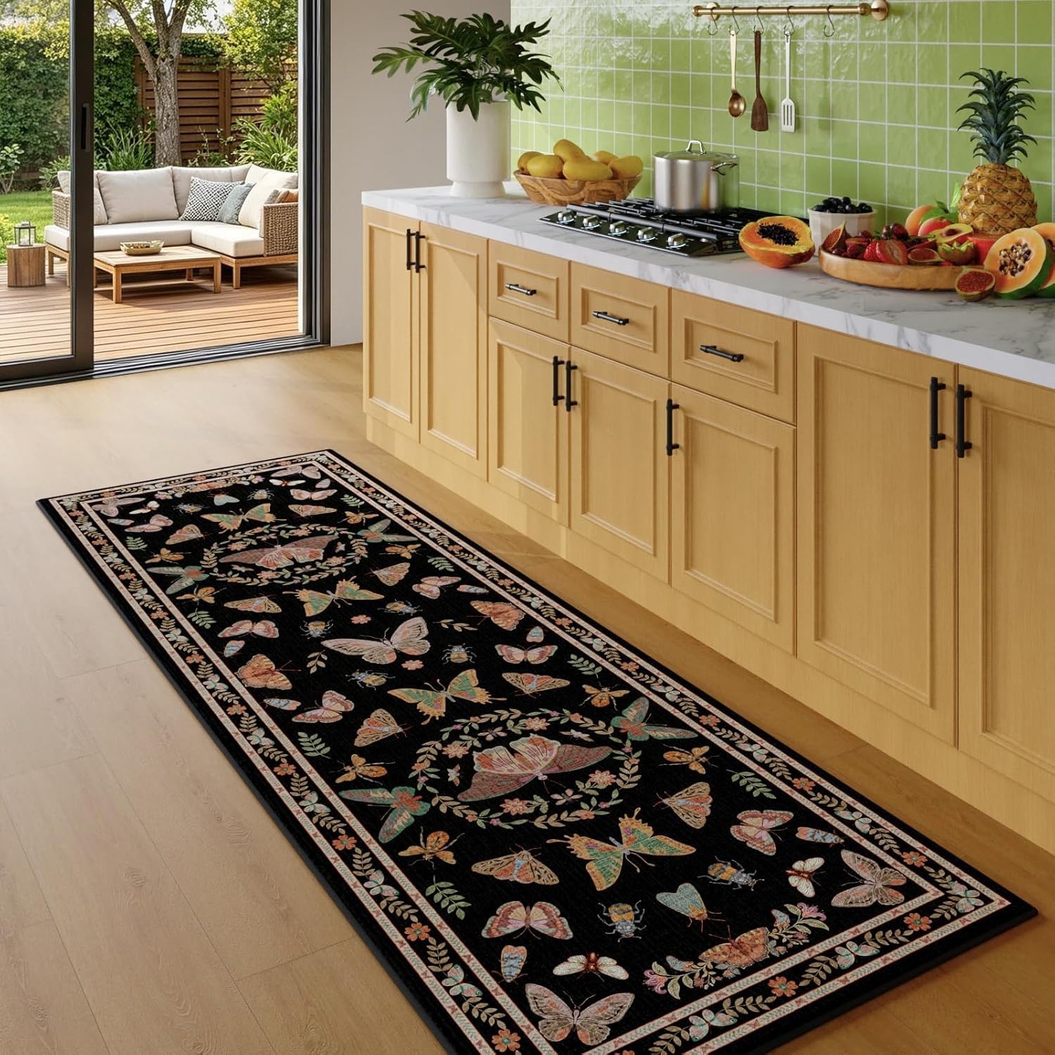 2X6 Black Runner Rug, Washable Non Slip Insect Botanical Rug for Hallway, Kitche