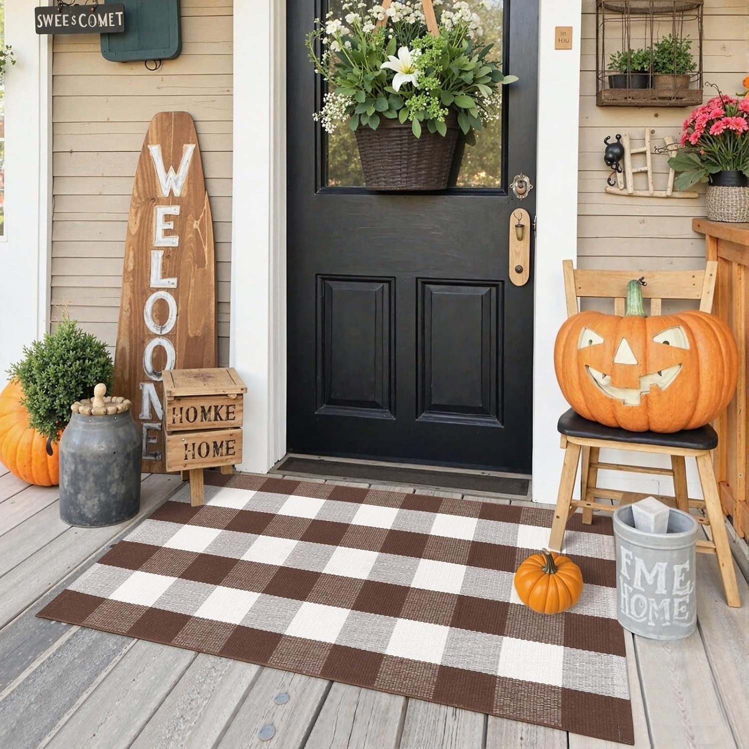 KIMODE Fall Decor Front Door Mat Buffalo Plaid Outdoor Rug 27.5″x43″ Brown an…