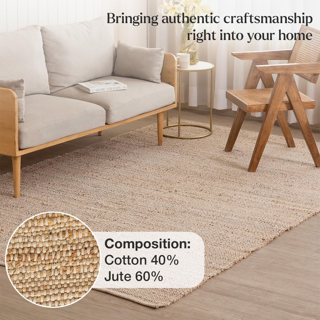 Homemonde Hand Woven Jute Cotton Runner Rug – 2 X 6 Ft Natural Fiber –