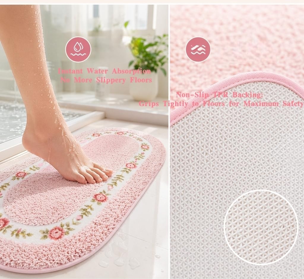 17.71×49.21 Inch Pink Decorative Rose Flower Area Rug Soft Non Slip