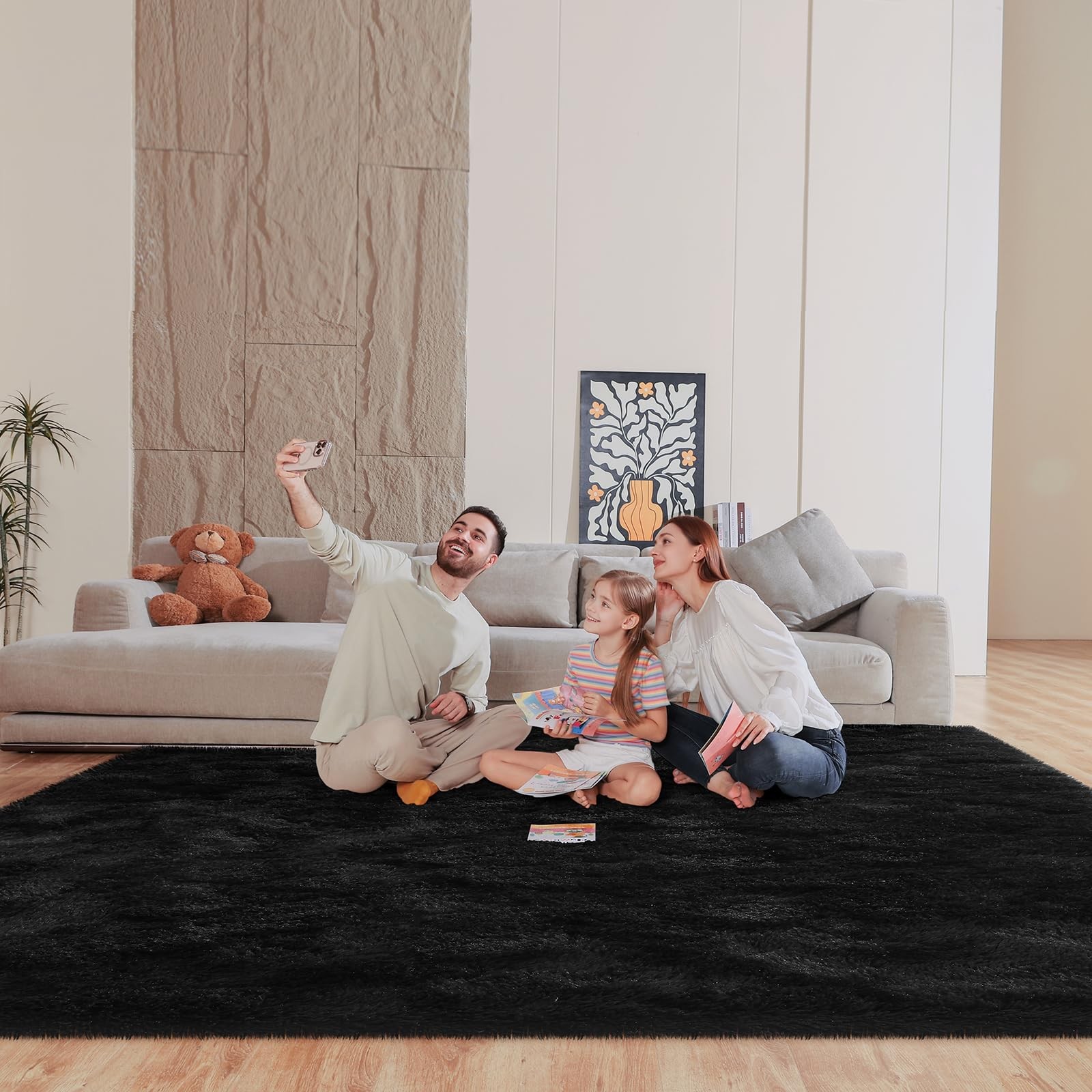 Mhyup Black 8X10 Area Rugs For Living Room Bedroom Fluffy Large Rug Soft Shag