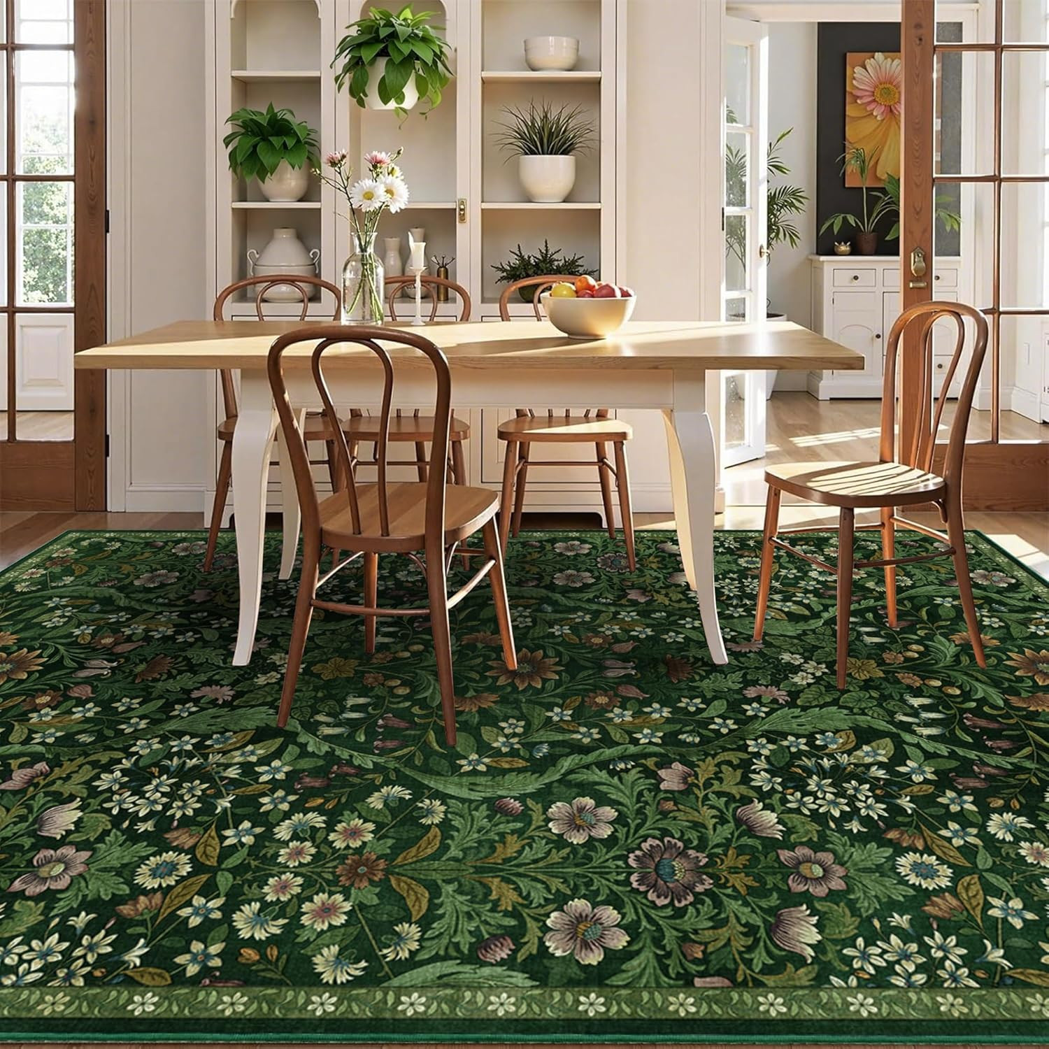 5×7 Dark Green Washable Floral Area Rug,Vintage Boho Soft Low-Pile Living Room R