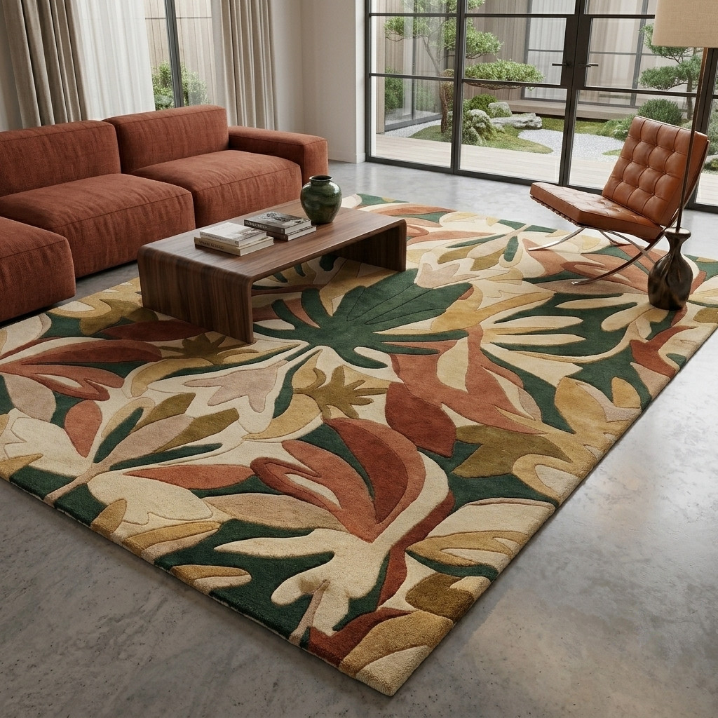 Hand Tufted Modern Tropical Leaf Rug Green Beige Terracotta Wool Area Carpet