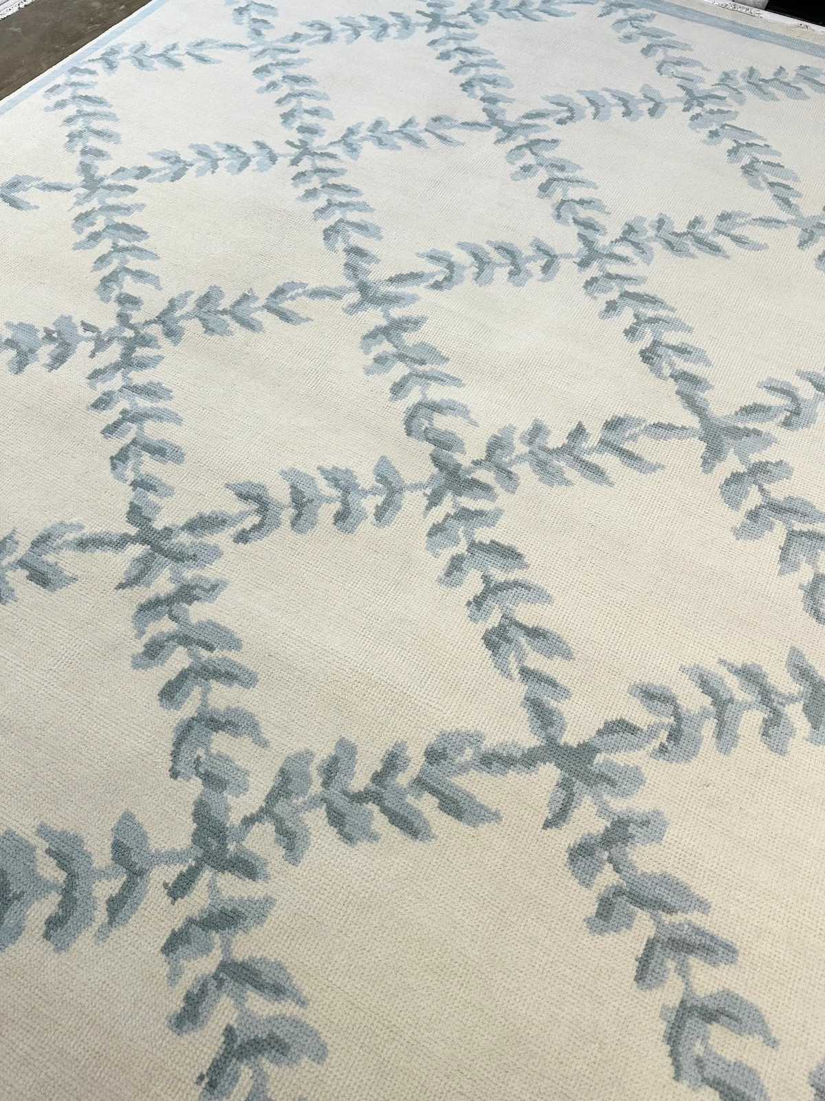 Blue Ivory Trellis Rug Hand Tufted Wool Area Rug Modern Lattice Carpet 8×10 9×12