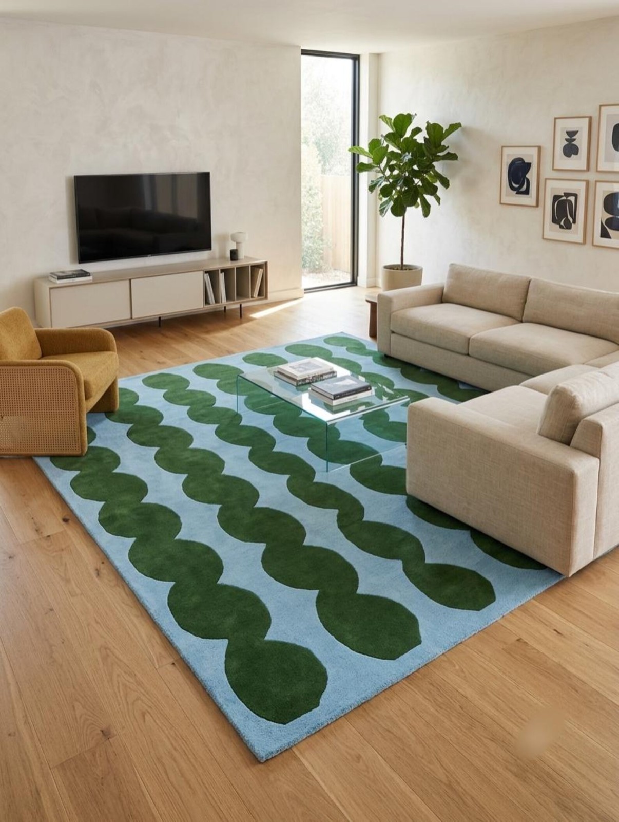 Modern Wavy Green Blue Area Rug, Handmade Tufted Rug, Contemporary Living Room