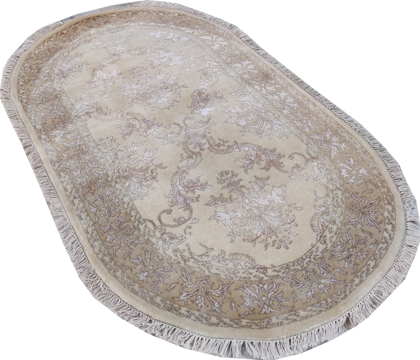 Damask Cream Gold 3 x 5 Hand Knotted Wool Rug for Bedroom 90×160 cm Oval Carpet
