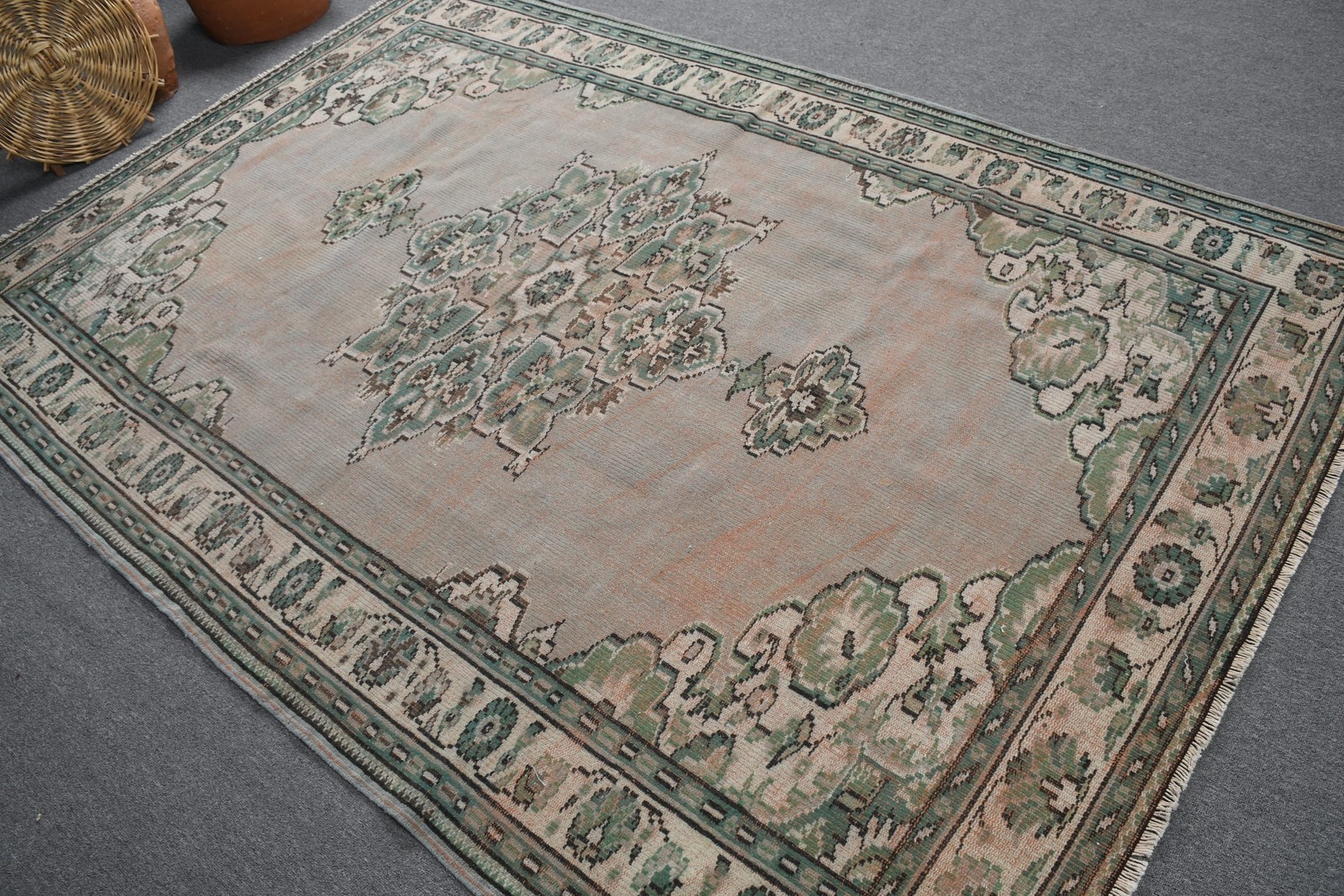 Turkish Vintage Rug, 5,8×8,4 ft Large Rug, Green Ikat Rug