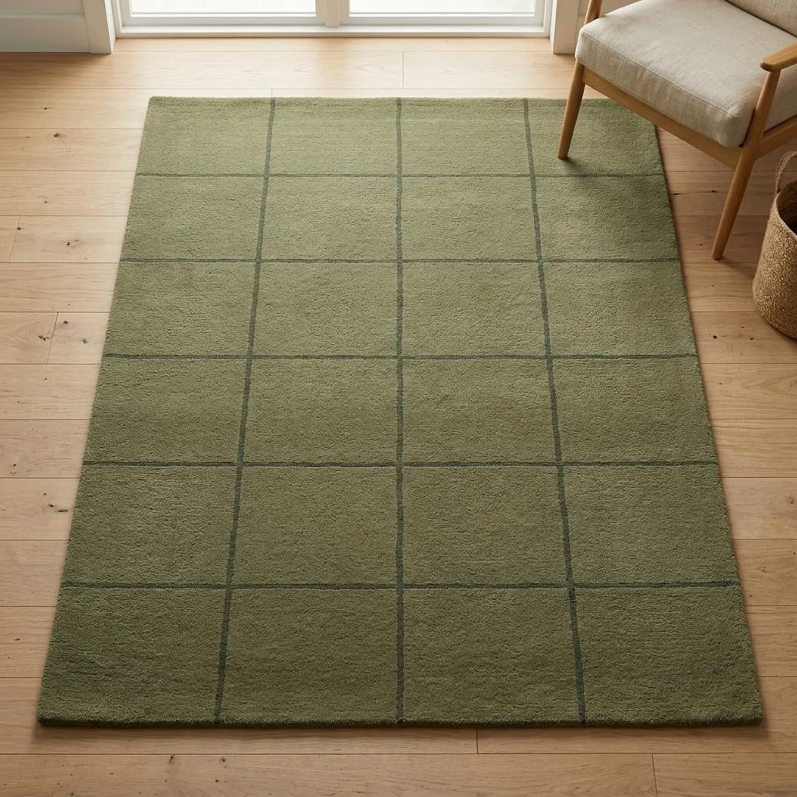 Hand Tufted Wool Rug Olive Green Modern Grid Area Rug for Living Room carpet