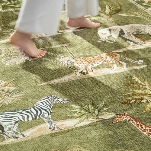 Round Rug 6ft Green Jungle Animals Print, Machine Washable 6′ Circle Modern