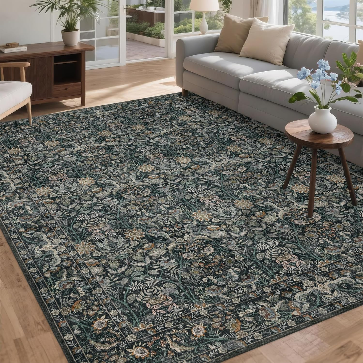 Boho Floral Washable Rug 8×10 – Soft Non-Slip Dark Green Area Carpet