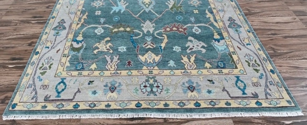 Exquisite Sea Green/ Grey Oushak Hand-knotted Carpets & Rugs for living area