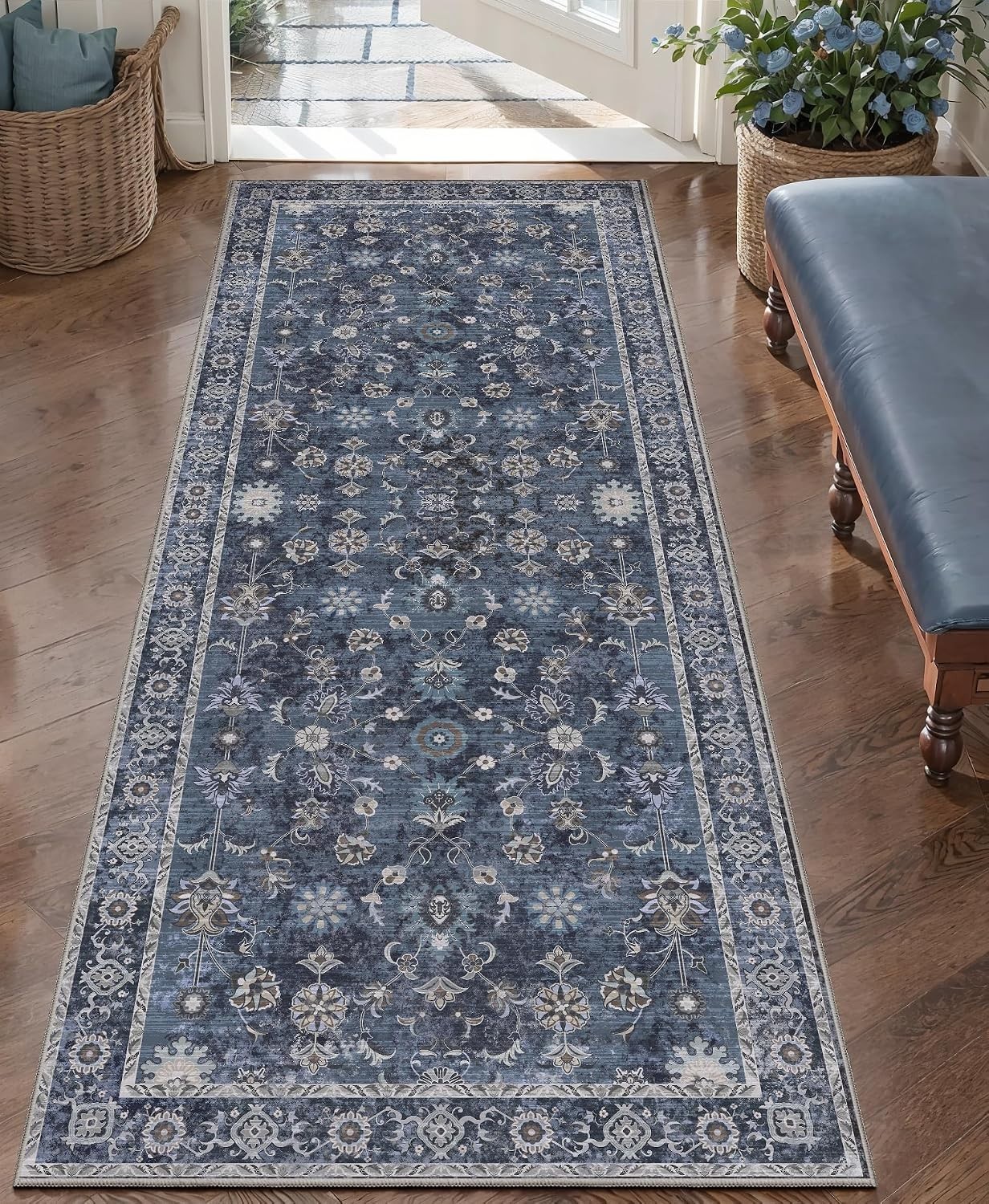 Machine Washable 2′ x 5′ Non-Slip Vintage Floral Runner Rug for Versatile Spaces