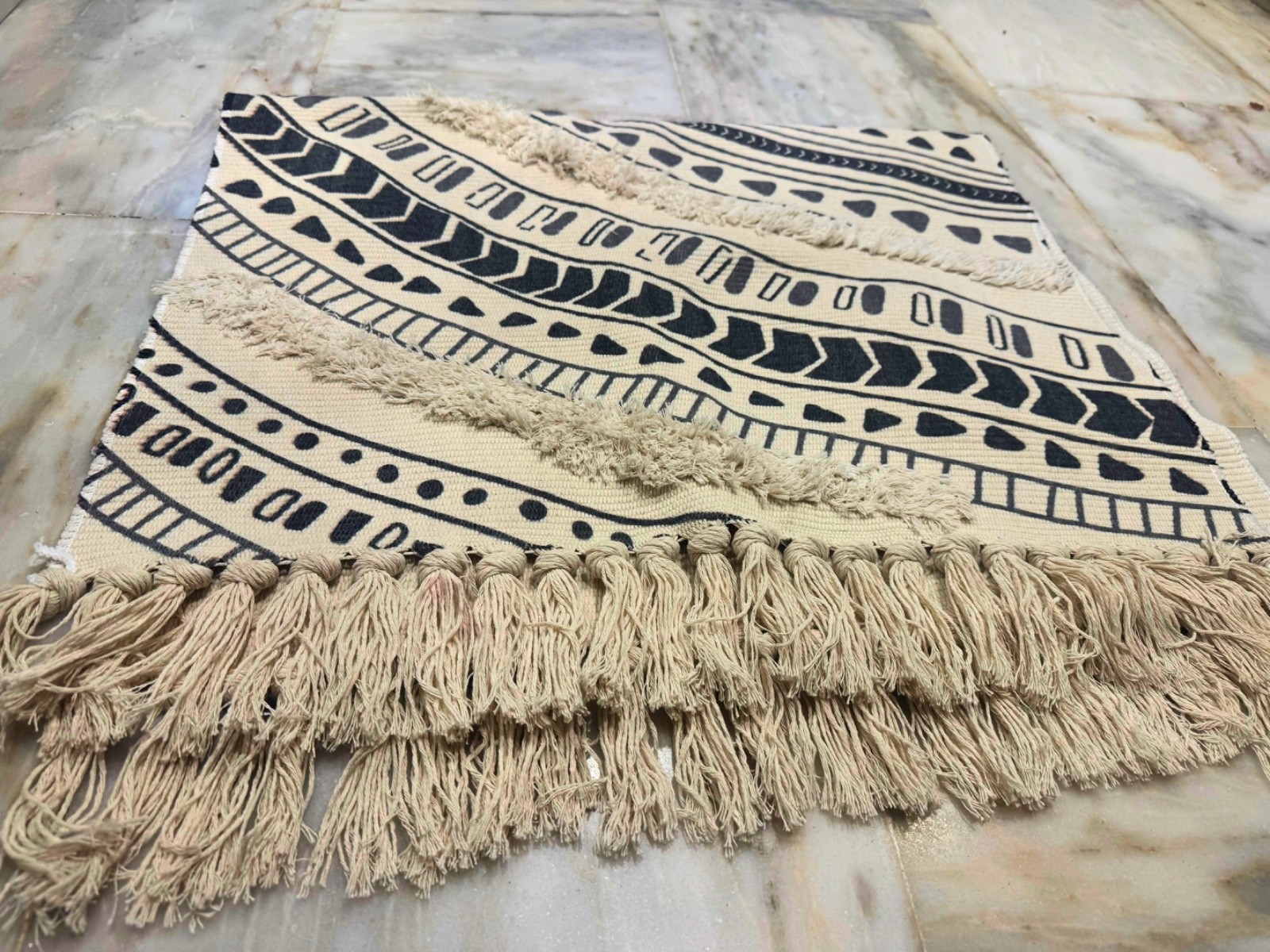 Boho Woven Accent Rug Geometric Printed Cotton Floor Mat Tassels Tufted